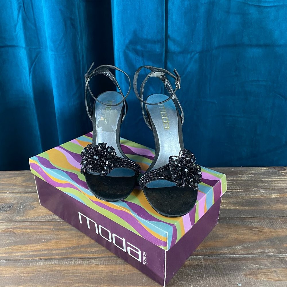 Moda Spana Beaded Black Ankle Strap Heels Sandal - Picture 1 of 8